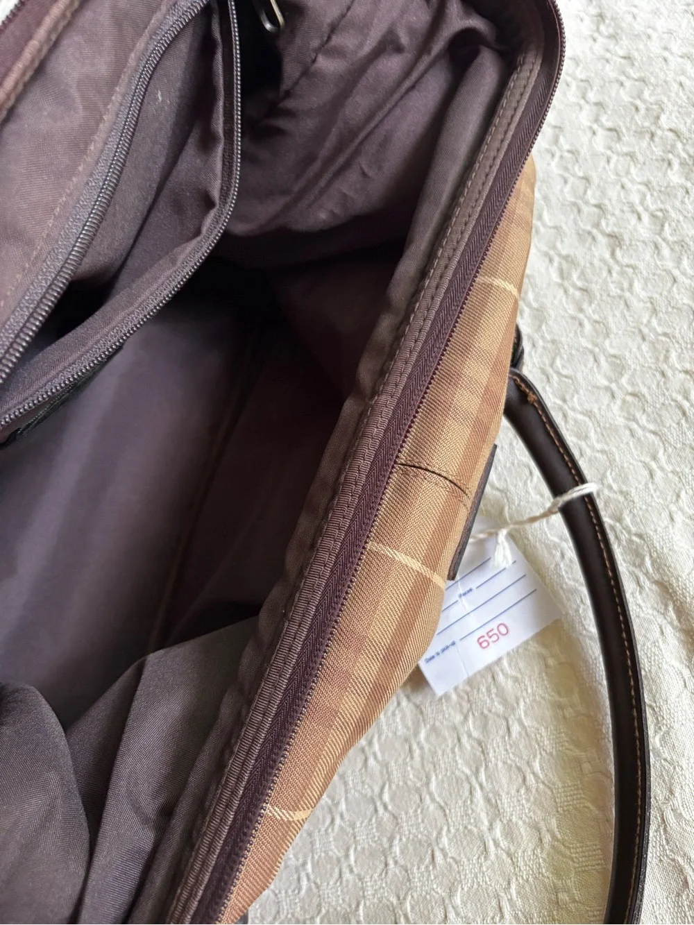 Eddie Bauer Brown Plaid Canvas Duffel Bag with Dark Trim